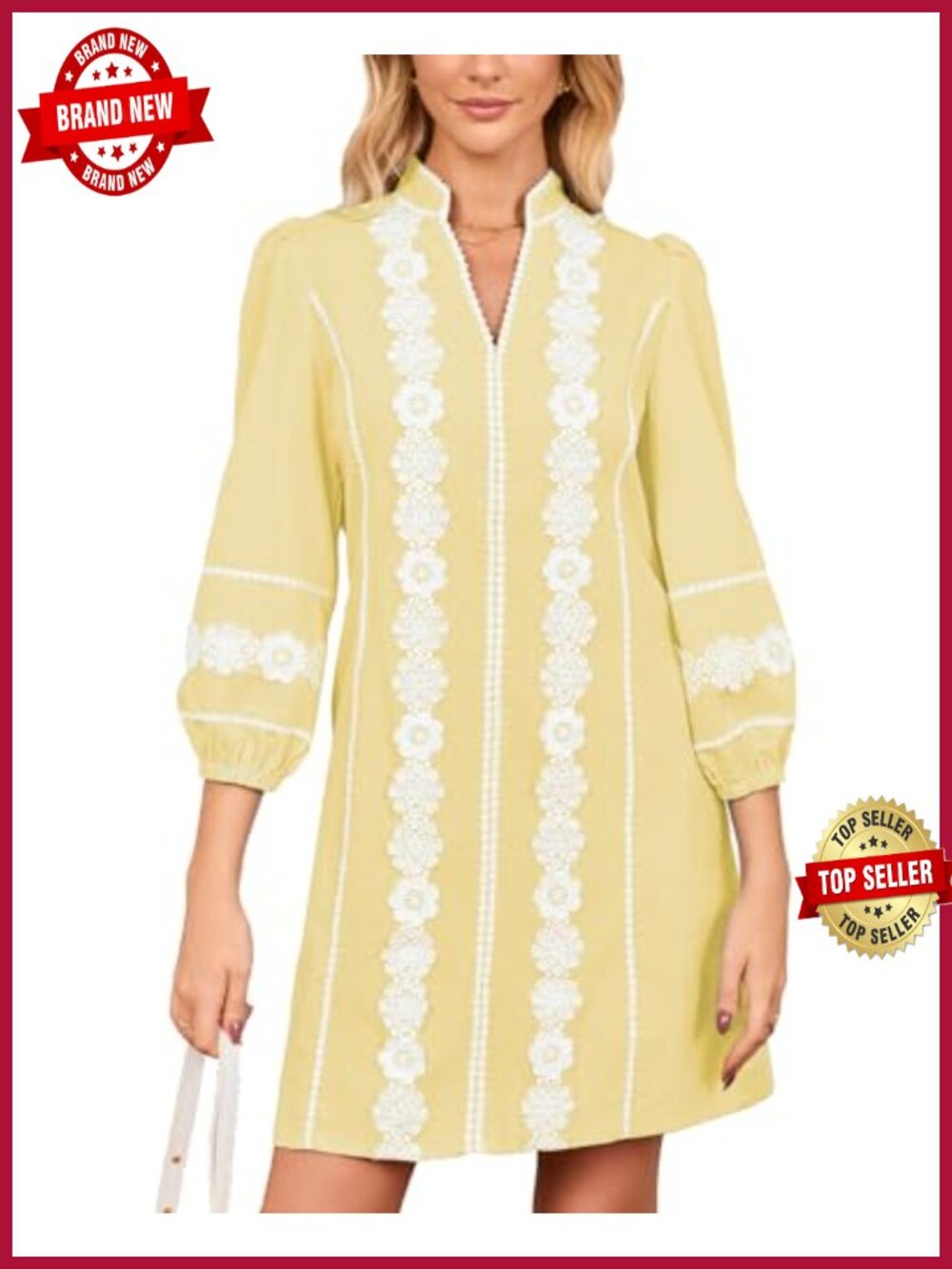 Embroidered Lace Tunic Mini Dress 3/4 Puff Sleeve V Neck with Pockets